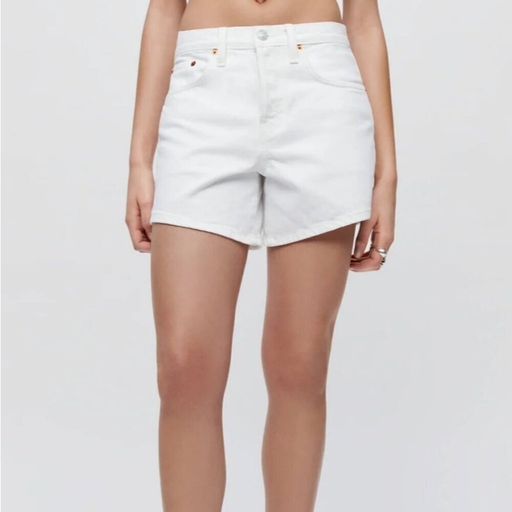Re/Done Button Fly Mid-Rise Boy Shorts White Rigid Denim Womens 32‎ NWT